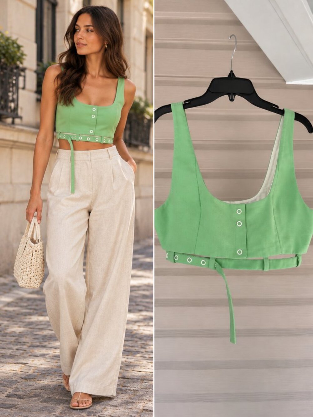 GANNI Peapod Green Organic Cotton Belted Crop Top Tailored Preppy EU 36